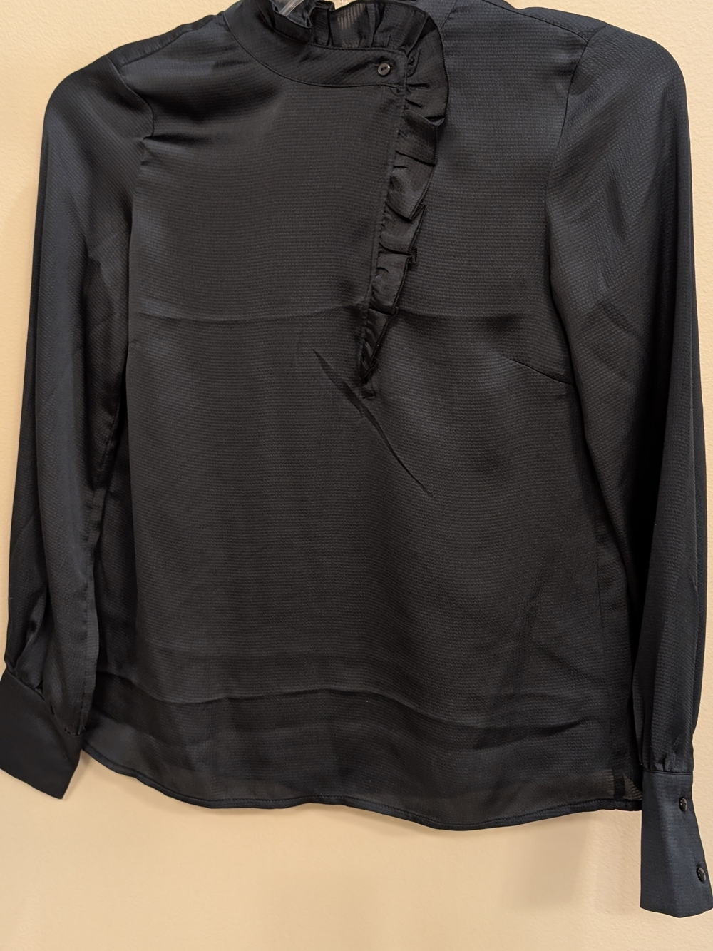 H&M Navy Ruffle Front Long Sleeve Blouse NWT